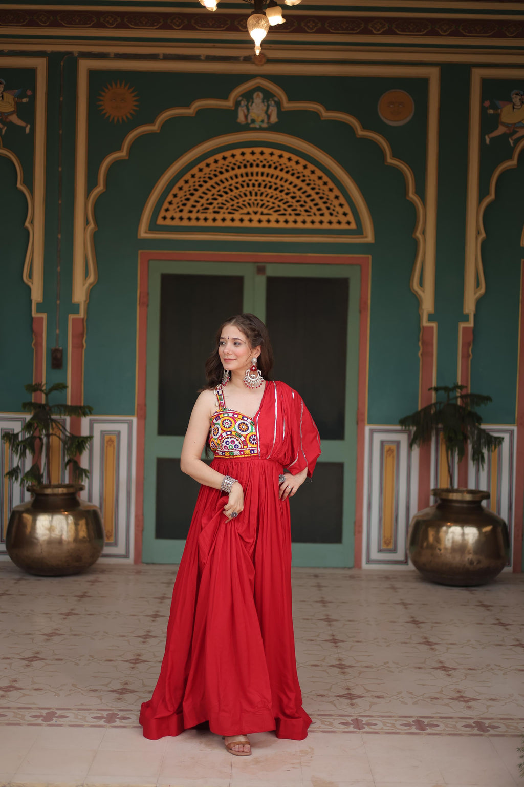 Lorenvalley Red Rayon Fabric with Designer Lace Gown | Grocsy