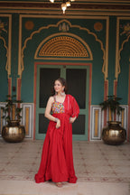 Lorenvalley Red Rayon Fabric with Designer Lace Gown | Grocsy