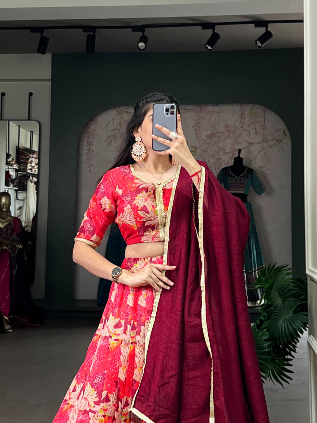 Lorenvalley Red Tussar Silk Printed Lehenga Choli | Grocsy