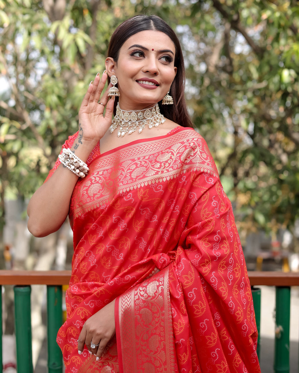 Lorenvalley Premium Bandhej Patola Silk Sarees with kanchi Borders and Contrast Zari Weaving borders Saree - Red | Grocsy