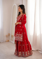 Evanik Red Faux Georgette Embroidery Dori, Sequence And Thread Work Kurta Palazzo With Dupatta | Grocsy