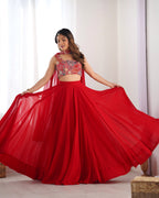 Lorenvalley Red Faux Georgette Stitched Lehenga Embroidery Blouse with Dupatta | Grocsy