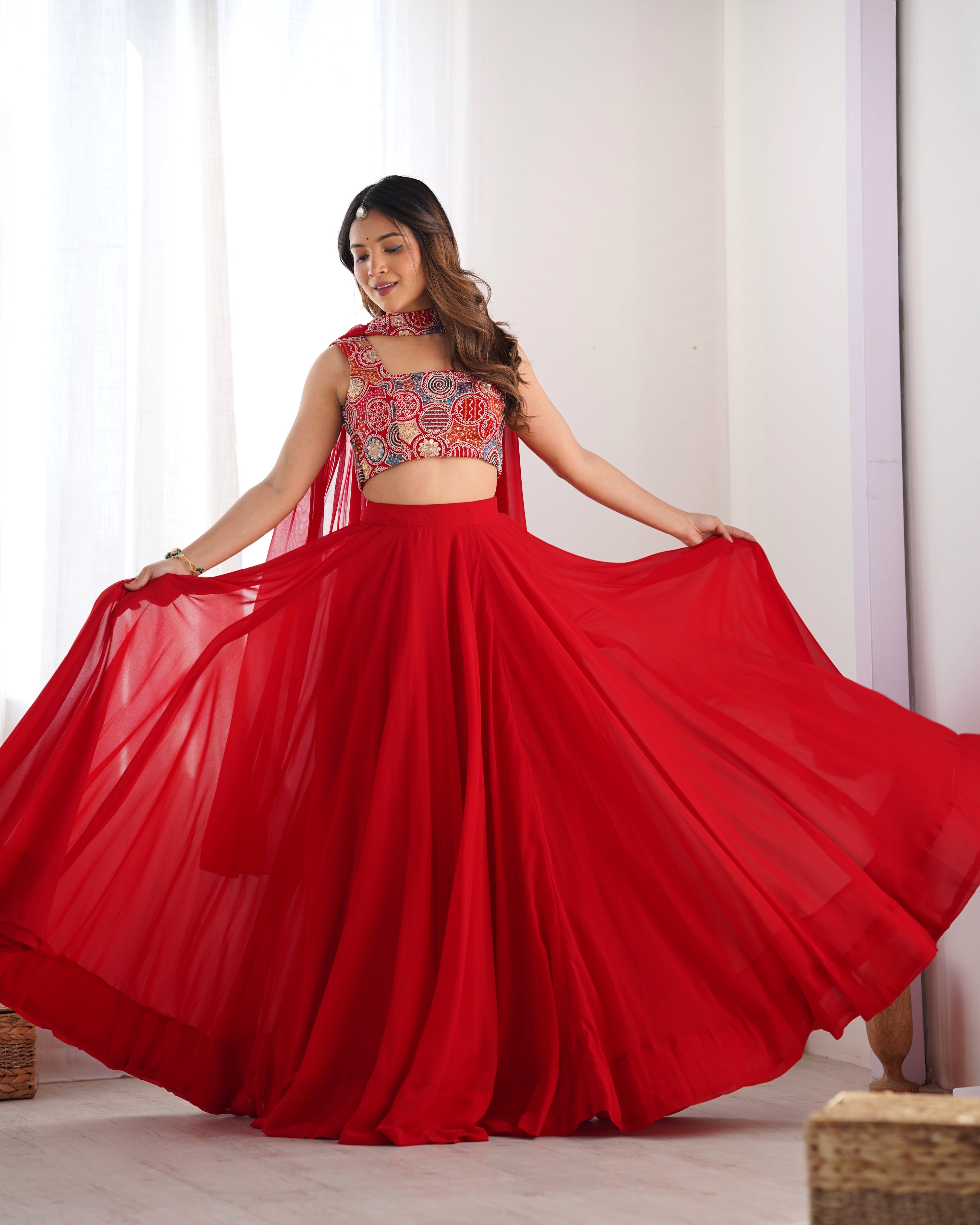 Lorenvalley Red Faux Georgette Stitched Lehenga Embroidery Blouse with Dupatta | Grocsy