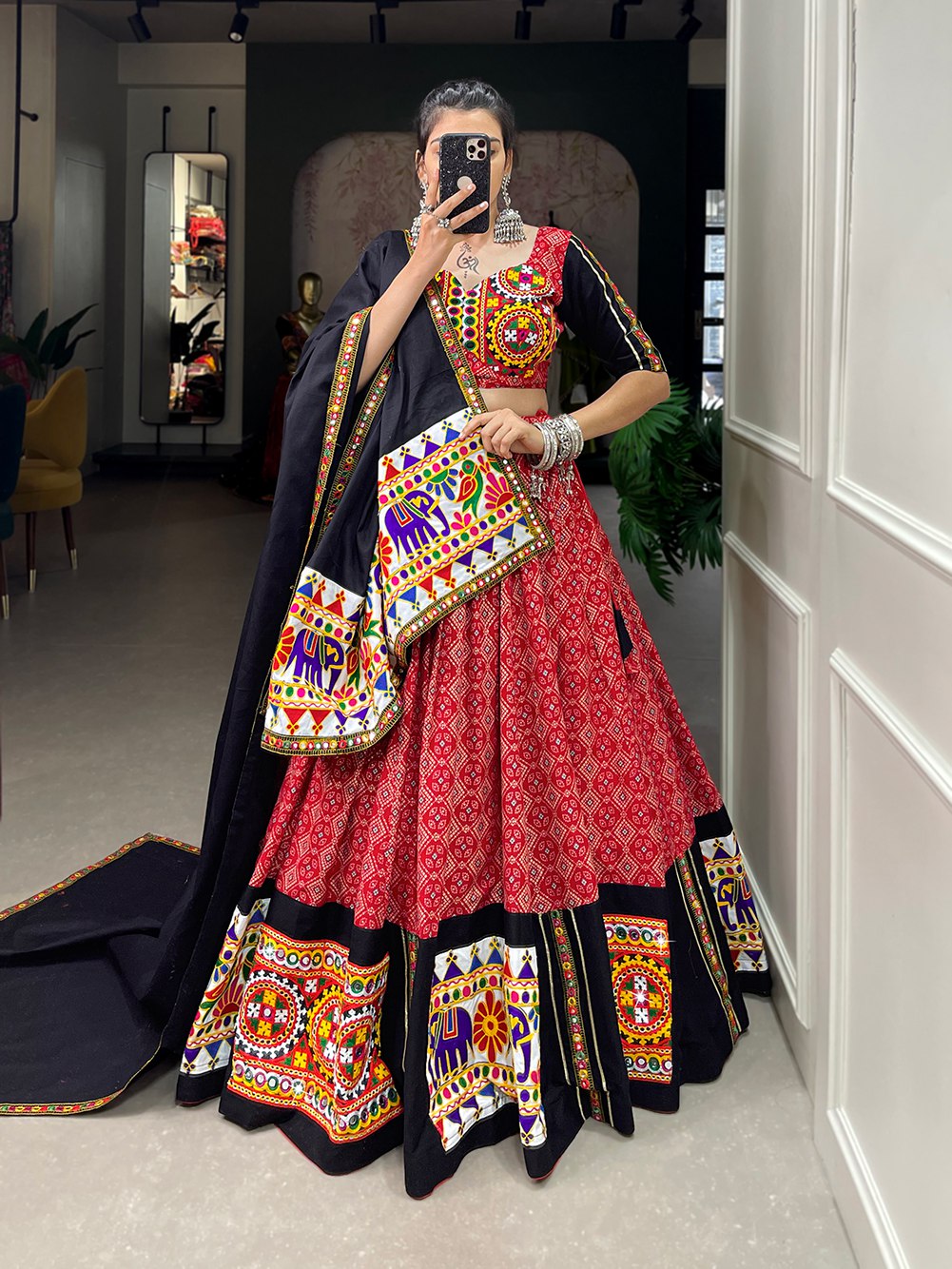 Lorenvalley Red Pure Cotton Lehenga Choli Embellishes With Gamthi Work And Mirror Work Touch Up To Make Everyone Feel The Stories Of Navratri Traditions | Grocsy