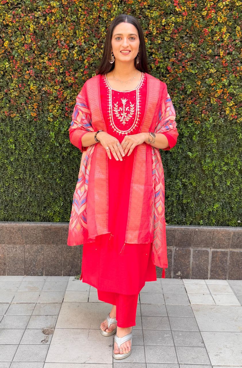 Lorenvalley Fashion Red Roman Silk Hand Work Kurta Pant with Dupatta | Grocsy