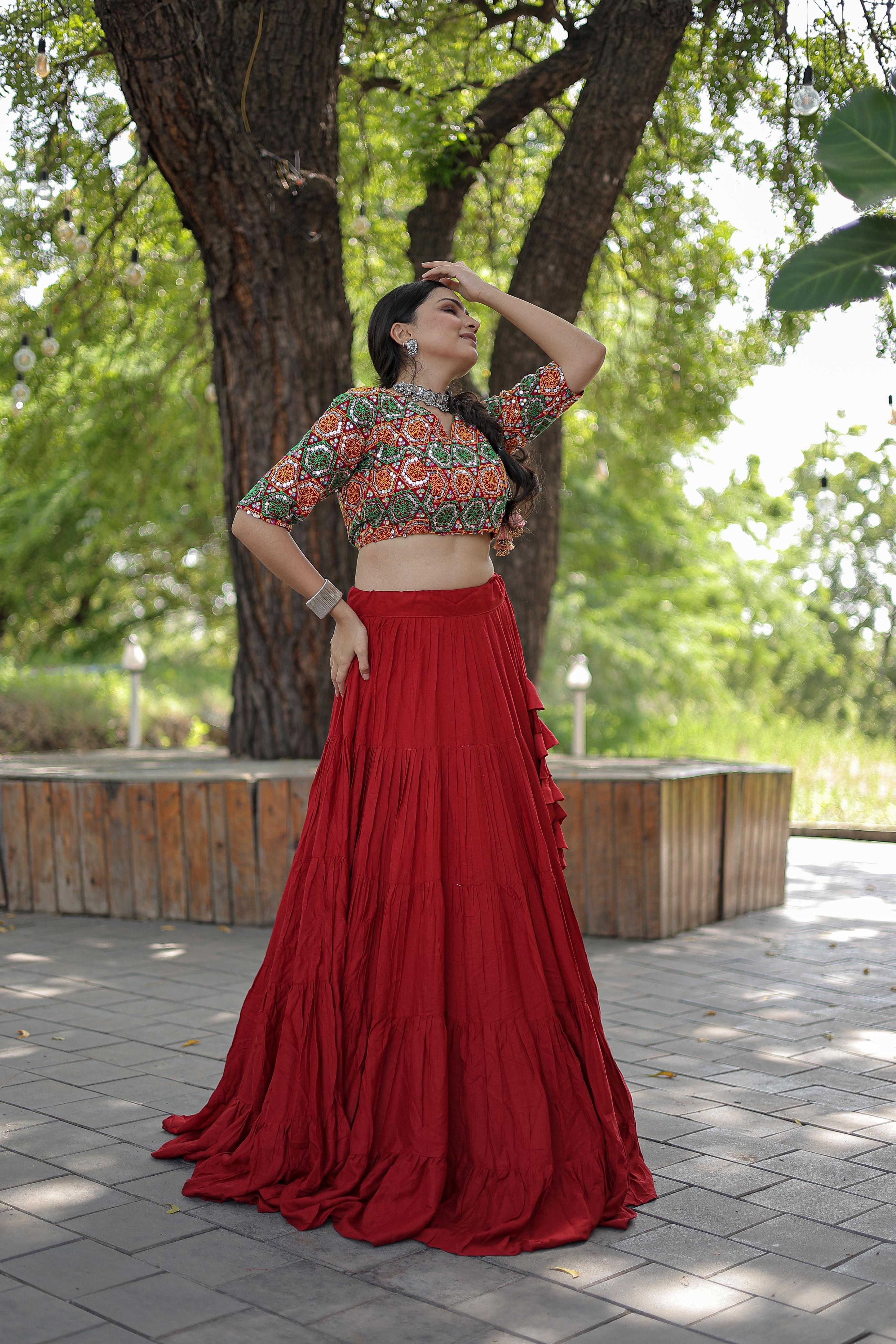 Lorenvalley Red Premium Rayon Lehenga with Georgette Embroidered Traditional Thread work Choli | Grocsy