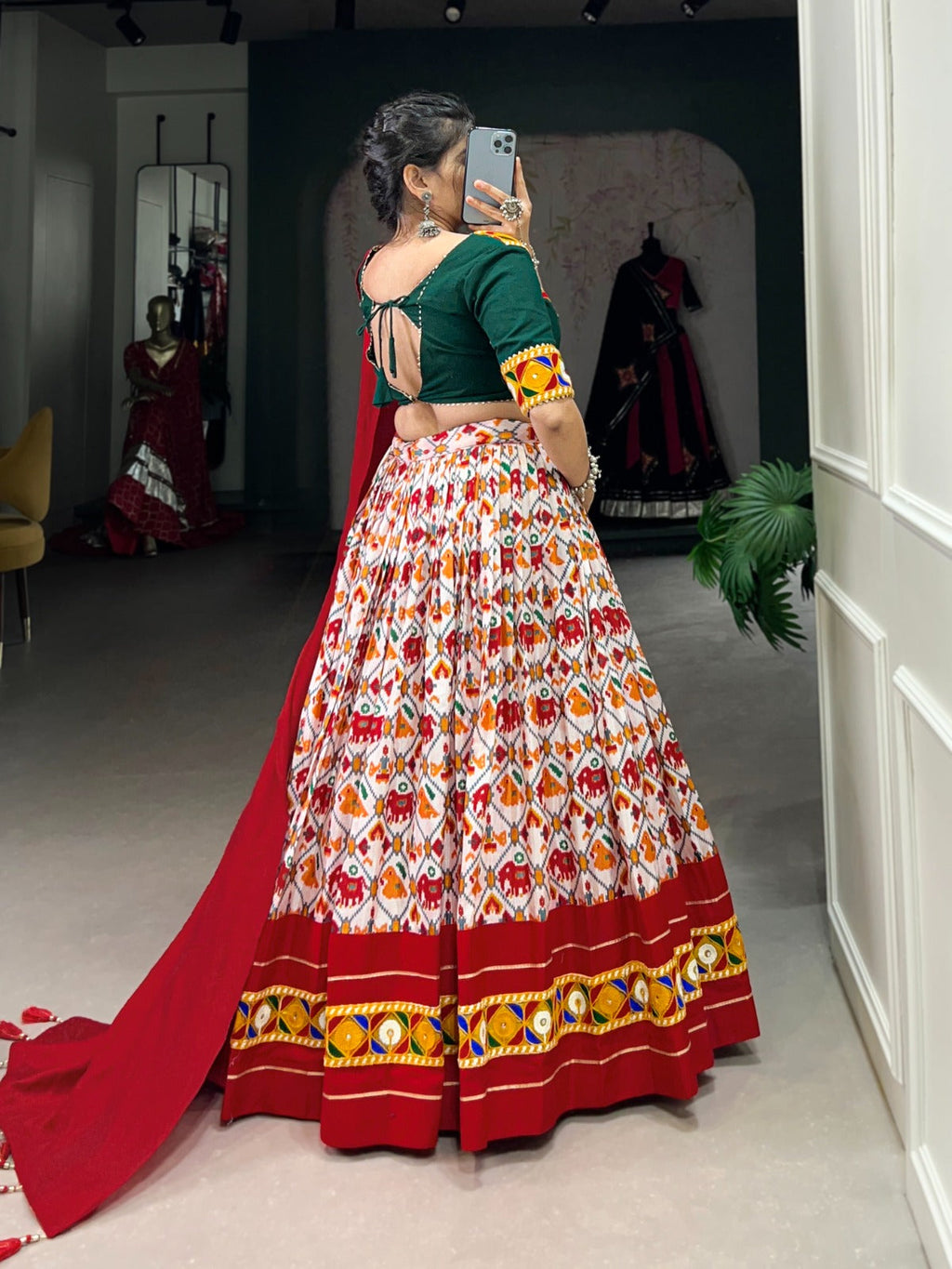 Lorenvalley Red Dola Silk and Cotton with Patola Print With Foil Work And Original Mirror Gamthi Lace Lehenga Choli | Grocsy