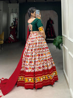 Lorenvalley Red Dola Silk and Cotton with Patola Print With Foil Work And Original Mirror Gamthi Lace Lehenga Choli | Grocsy