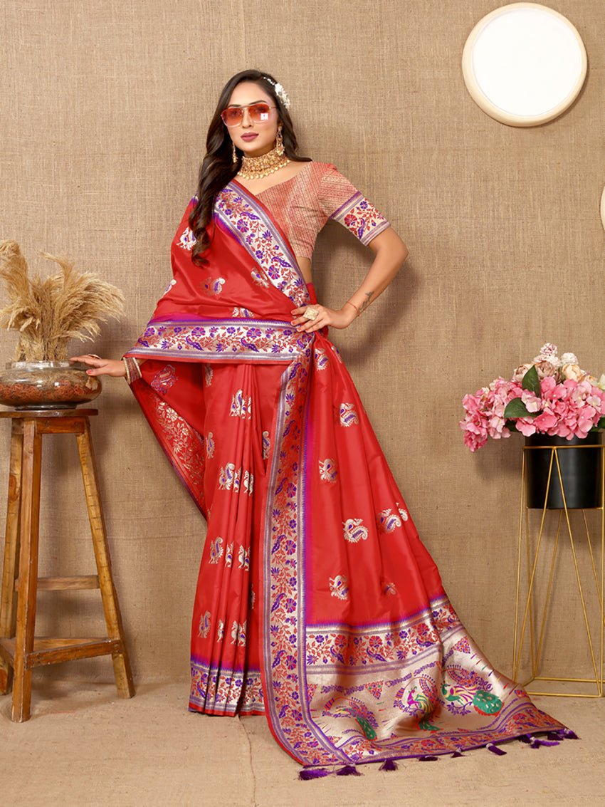 Lorenvalley Fashion Red Soft Paithani Silk Woven Design Rich Meenakari Zari Weaving Pallu Saree | Grocsy