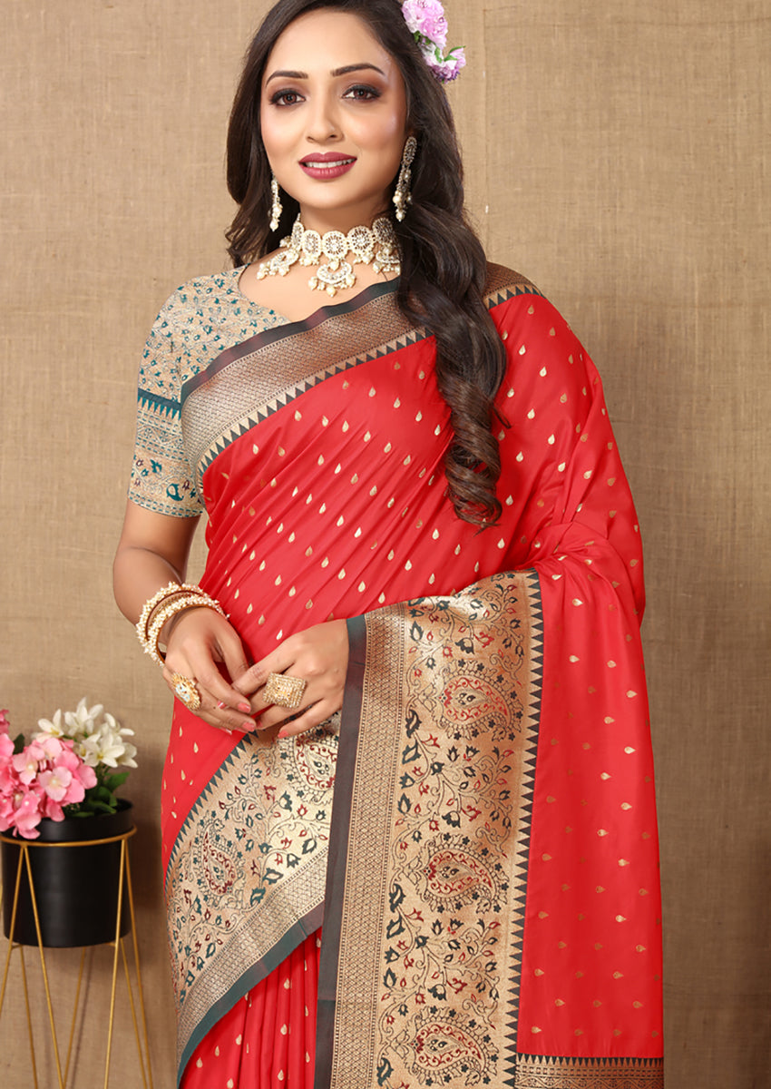Lorenvalley Fashion Red Soft Silk weaving Design Rich Zari Weaving Saree | Grocsy
