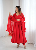 Lorenvalley Fashion Red Faux Georgette Lukhnowi Sequence Work Anarkali Kurta Pant With Dupatta Set | Grocsy