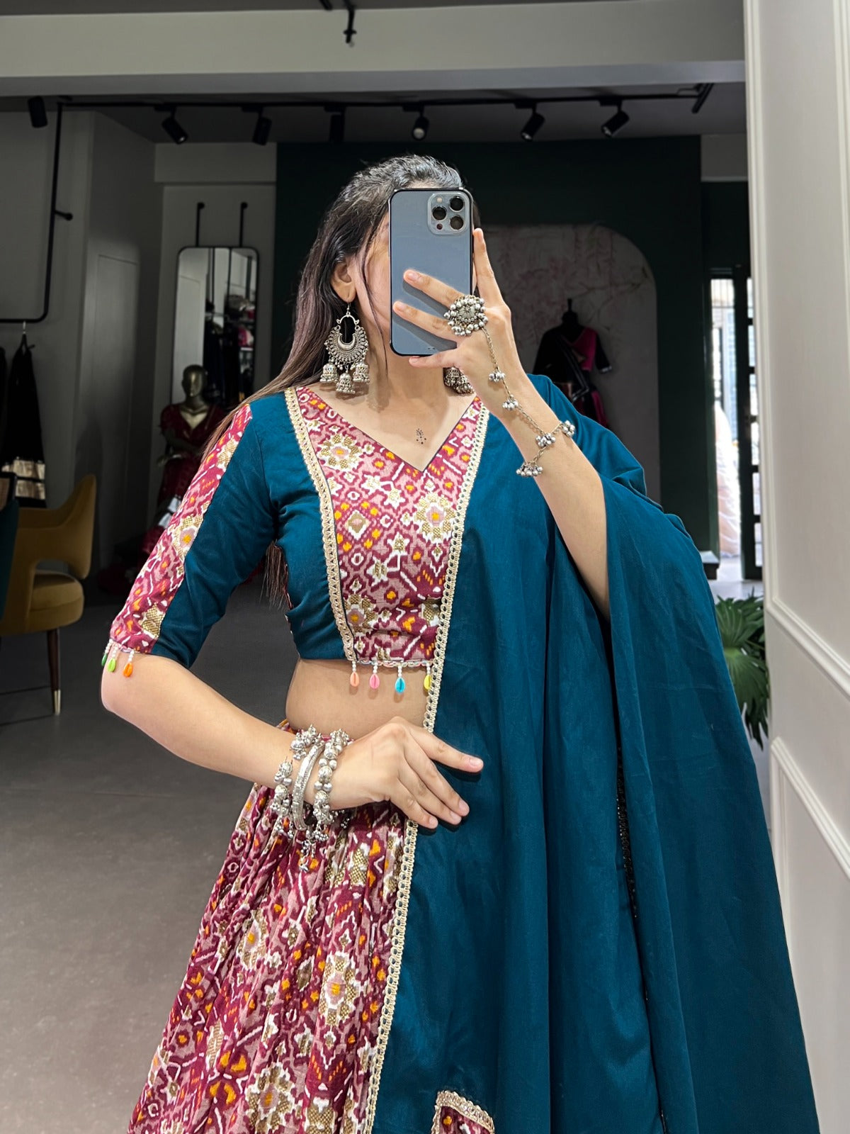 Lorenvalley Red Dola Silk and Rayon with Printed With Foil Work And Lace Touch Up Lehenga Choli | Grocsy