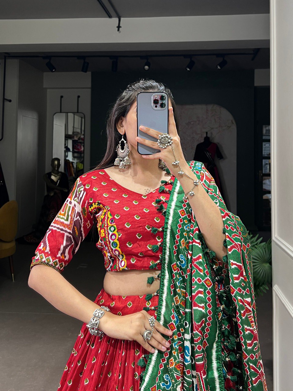 Lorenvalley Dola Silk Red Patola Print With Gamthi Work Lace Border Lehenga Choli with Dupatta | Grocsy