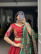 Lorenvalley Dola Silk Red Patola Print With Gamthi Work Lace Border Lehenga Choli with Dupatta | Grocsy