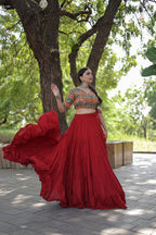 Lorenvalley Red Premium Rayon Lehenga with Georgette Embroidered Traditional Thread work Choli | Grocsy