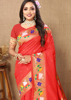 Lorenvalley Fashion Red Soft Paithani Silk Woven Design Rich Zari Meenakari Weaving Saree | Grocsy