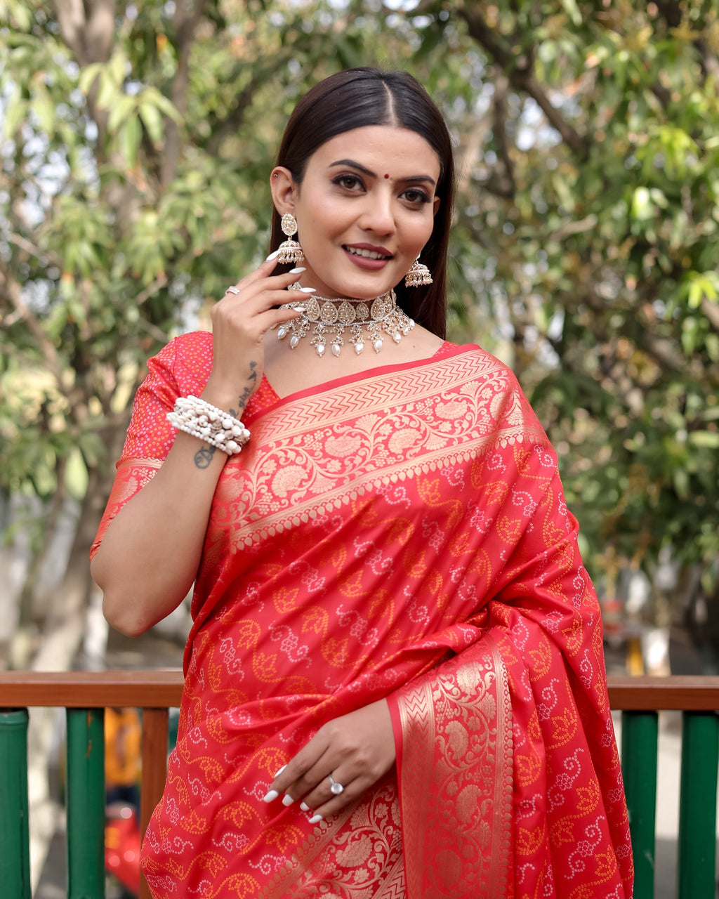 Lorenvalley Premium Bandhej Patola Silk Sarees with kanchi Borders and Contrast Zari Weaving borders Saree - Red | Grocsy