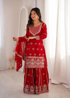 Evanik Red Faux Georgette Embroidery Dori, Sequence And Thread Work Kurta Palazzo With Dupatta | Grocsy