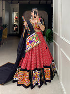 Lorenvalley Red Pure Cotton Lehenga Choli Embellishes With Gamthi Work And Mirror Work Touch Up To Make Everyone Feel The Stories Of Navratri Traditions | Grocsy