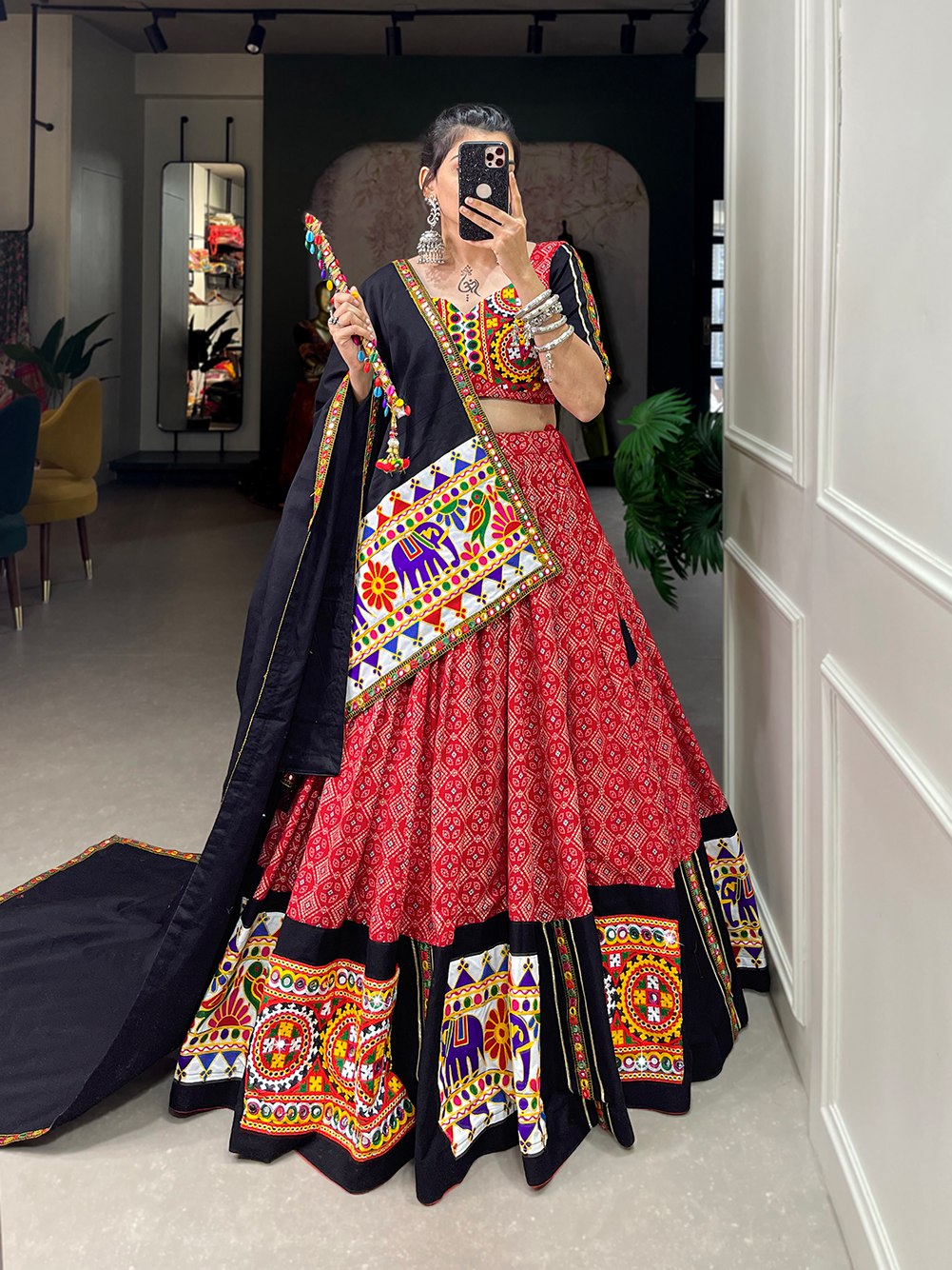 Lorenvalley Red Pure Cotton Lehenga Choli Embellishes With Gamthi Work And Mirror Work Touch Up To Make Everyone Feel The Stories Of Navratri Traditions | Grocsy
