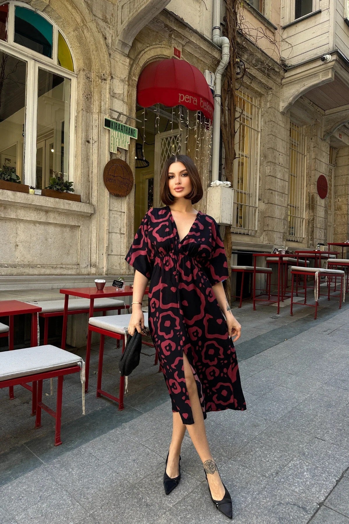 Pimu Front Slit Midi Dresses V-neck Designs For Women Party Wear - Pink | Grocsy