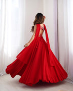 Lorenvalley Red Faux Georgette Stitched Lehenga Embroidery Blouse with Dupatta | Grocsy