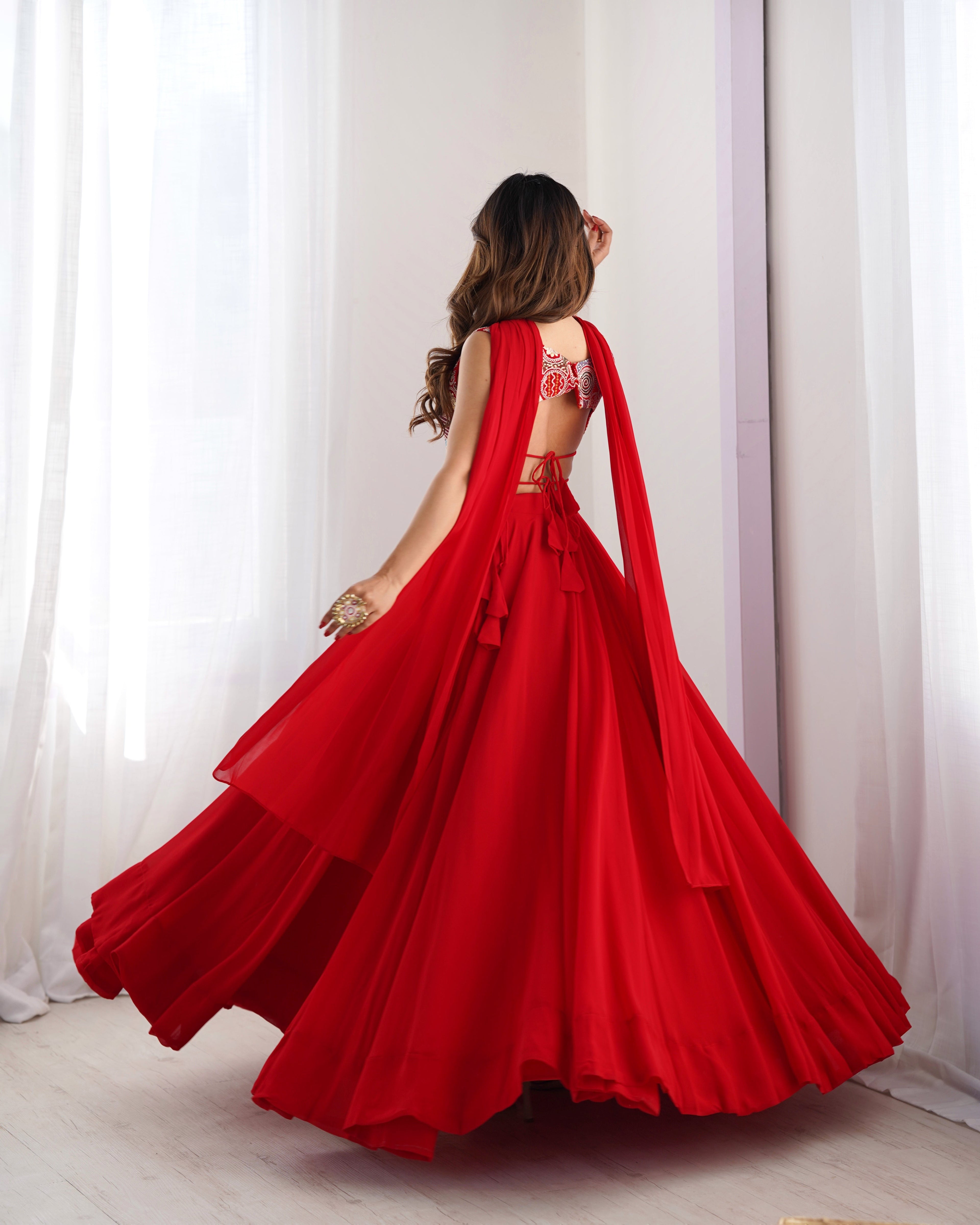 Lorenvalley Red Faux Georgette Stitched Lehenga Embroidery Blouse with Dupatta | Grocsy