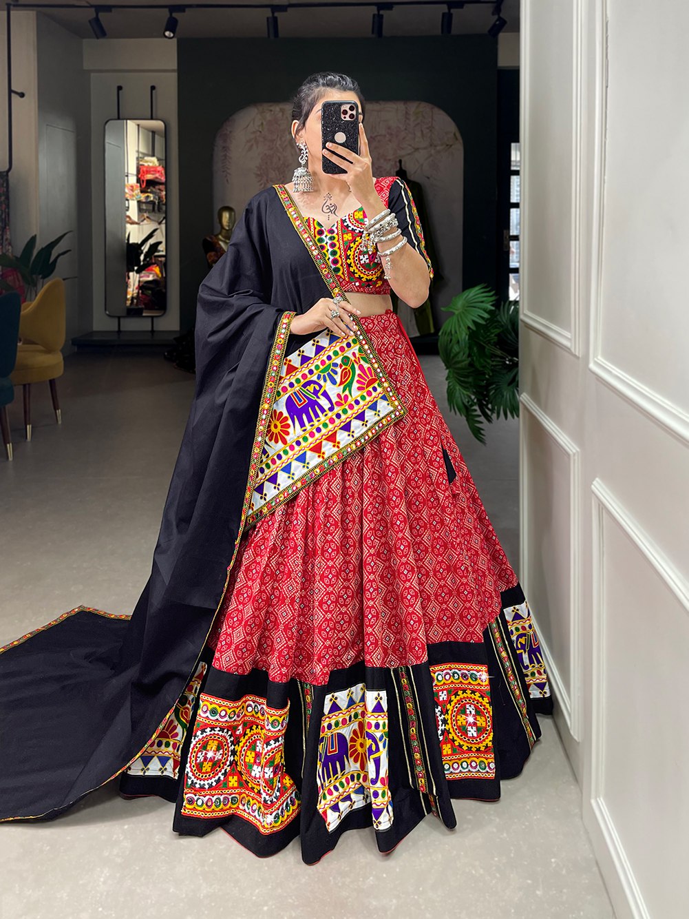 Lorenvalley Red Pure Cotton Lehenga Choli Embellishes With Gamthi Work And Mirror Work Touch Up To Make Everyone Feel The Stories Of Navratri Traditions | Grocsy