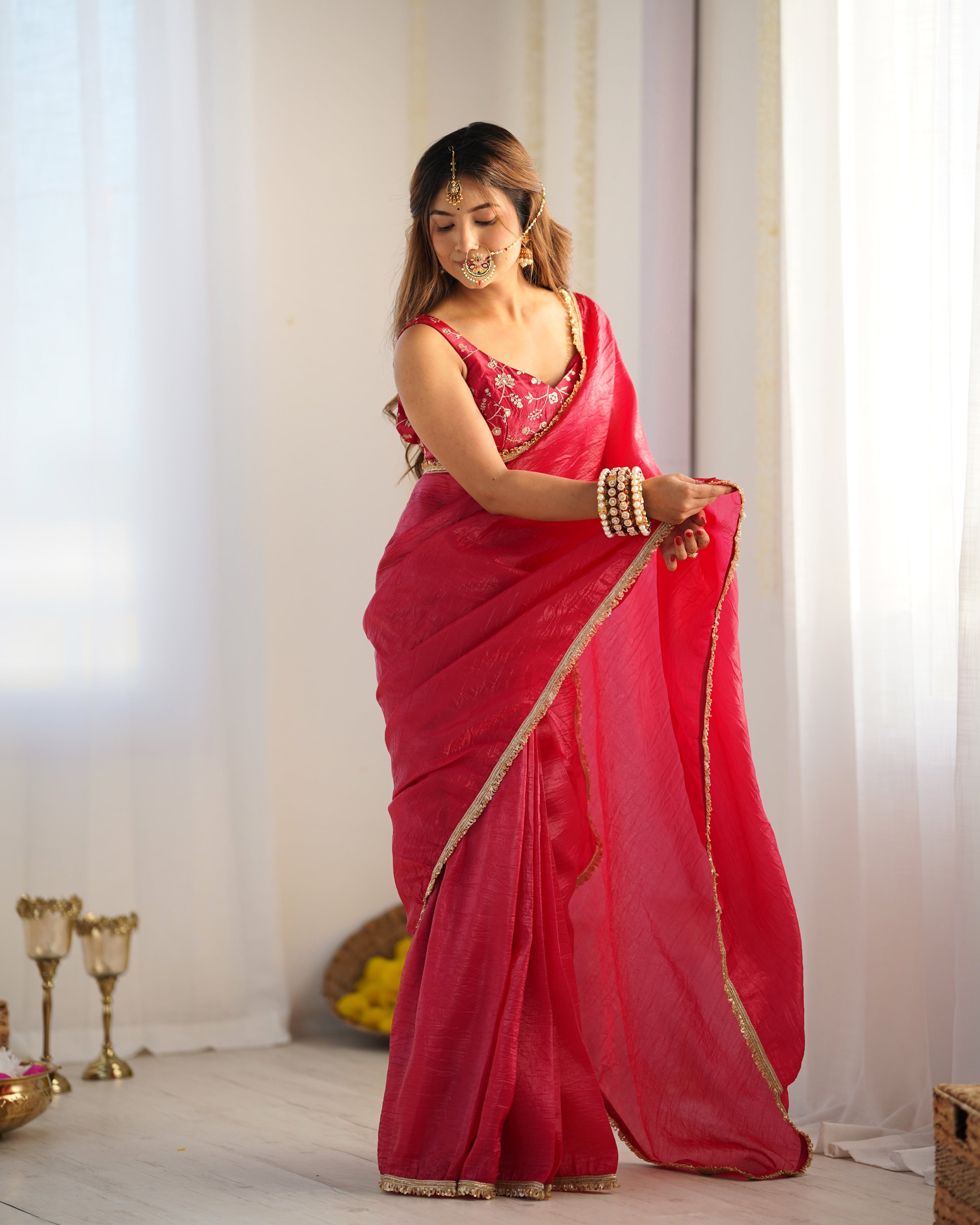 Lorenvalley Ready to wear Crush Tissue Silk Fabric Fancy Boarder Premium Lace Work Predrapped Saree - Red | Grocsy