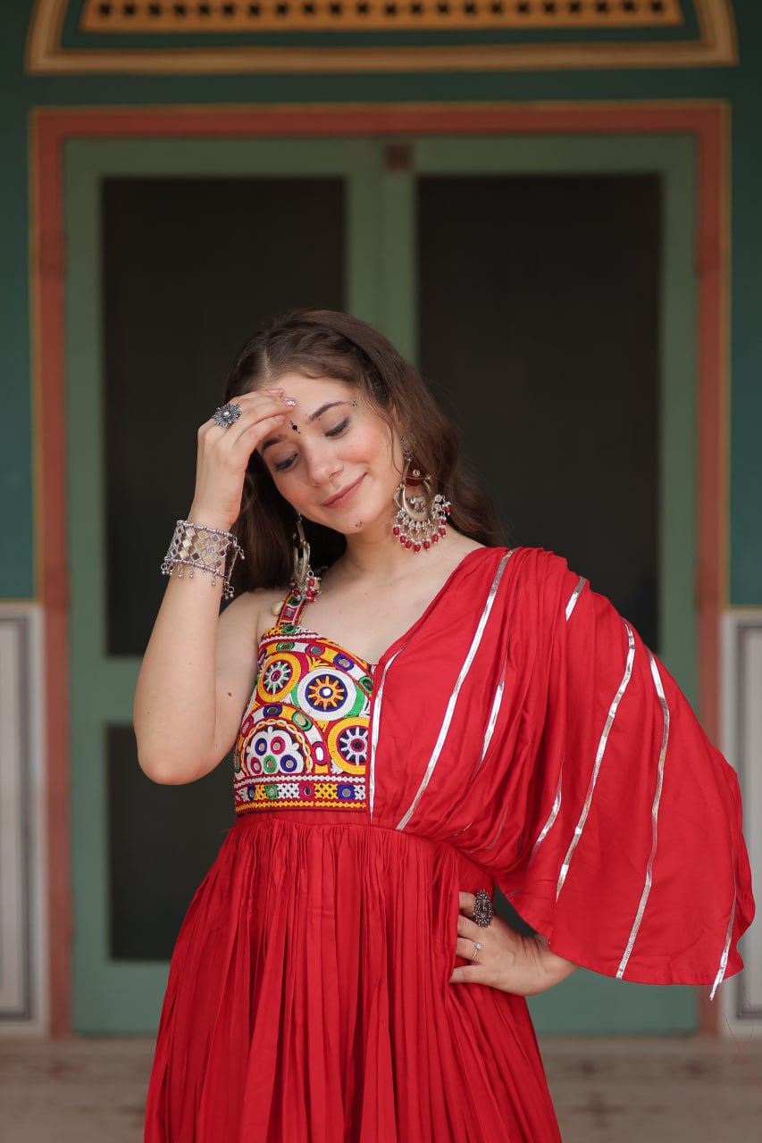 Lorenvalley Red Rayon Fabric with Designer Lace Gown | Grocsy