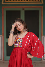 Lorenvalley Red Rayon Fabric with Designer Lace Gown | Grocsy