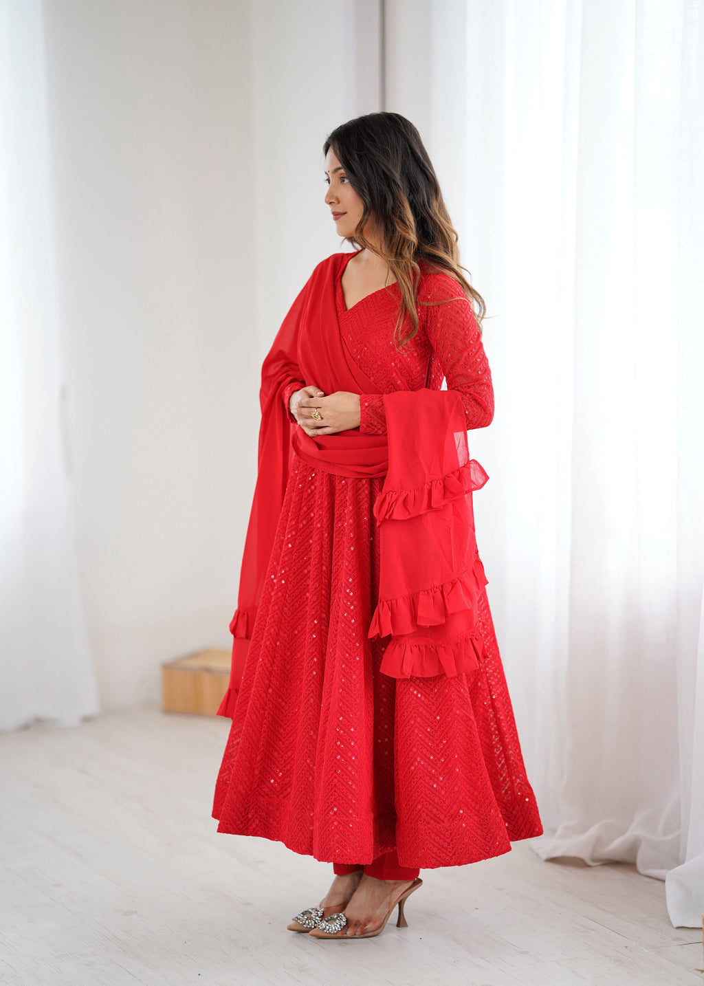 Lorenvalley Fashion Red Faux Georgette Lukhnowi Sequence Work Anarkali Kurta Pant With Dupatta Set | Grocsy