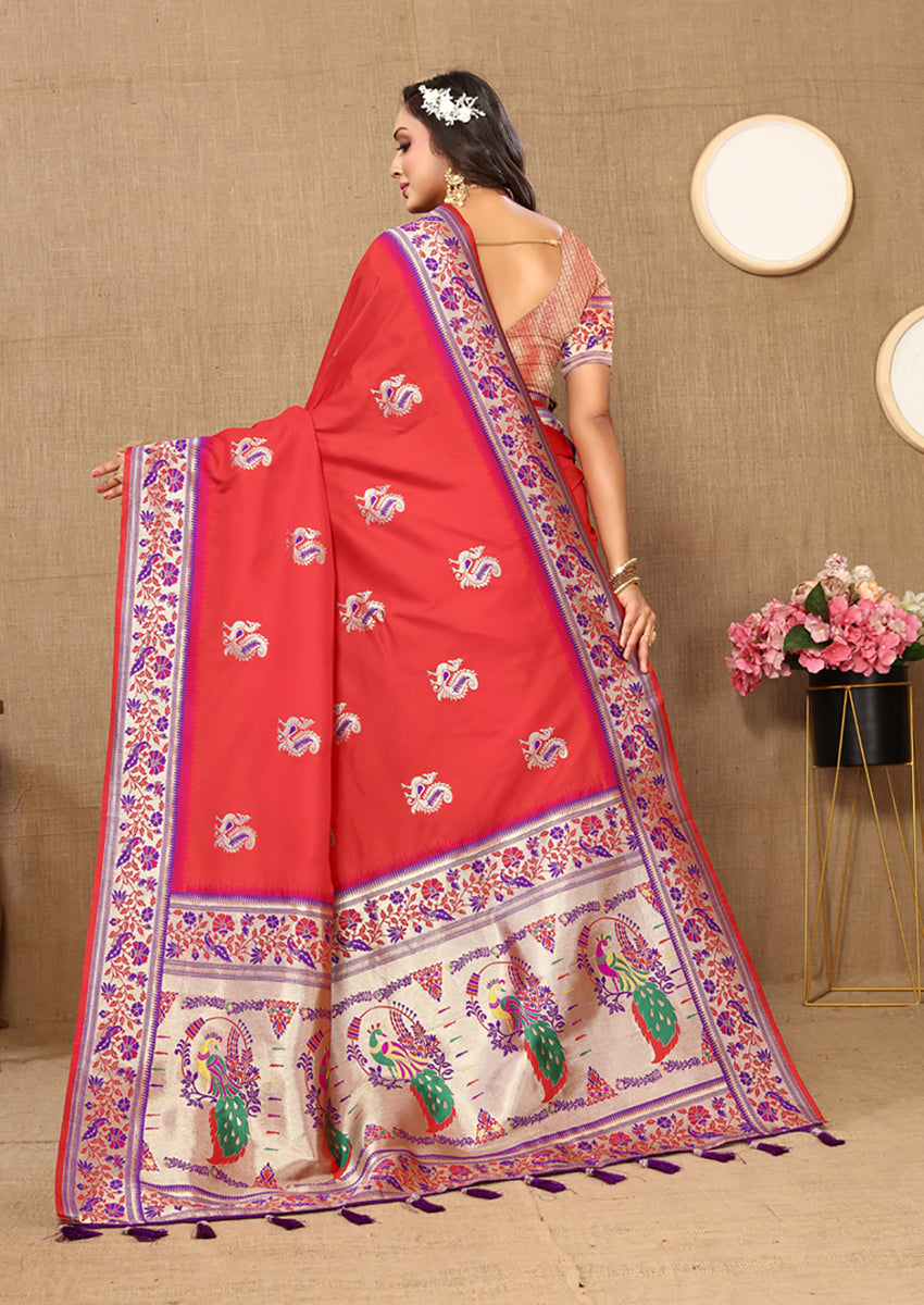 Lorenvalley Fashion Red Soft Paithani Silk Woven Design Rich Meenakari Zari Weaving Pallu Saree | Grocsy