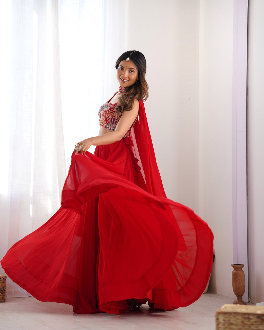 Lorenvalley Red Faux Georgette Stitched Lehenga Embroidery Blouse with Dupatta | Grocsy