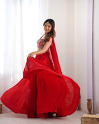 Lorenvalley Red Faux Georgette Stitched Lehenga Embroidery Blouse with Dupatta | Grocsy