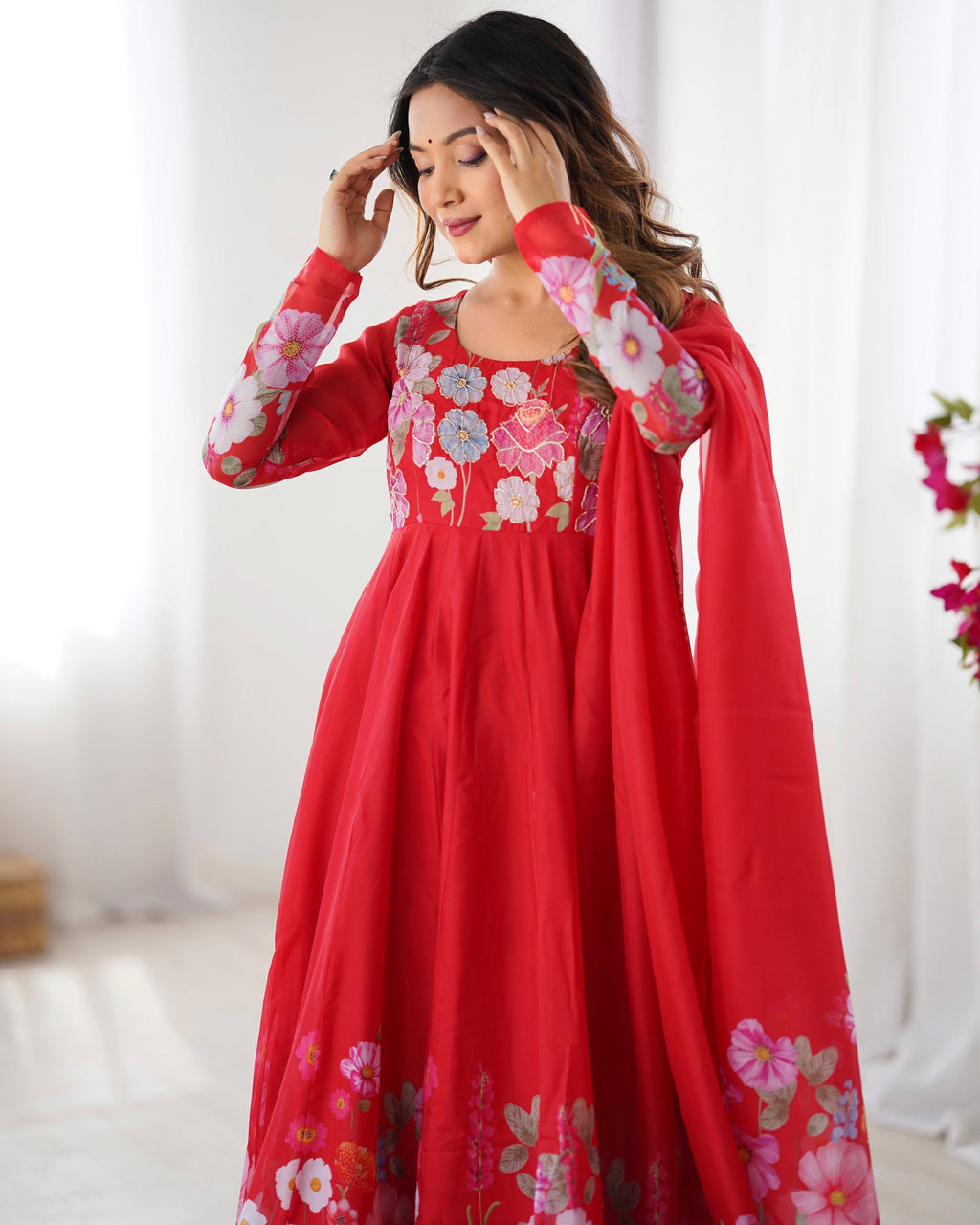 Lorenvalley Fashion Red Soft Organza Silk With Floral Print Fully Flared Anarkali Pant With Dupatta Set | Grocsy