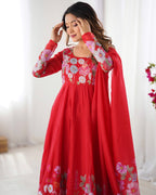 Lorenvalley Fashion Red Soft Organza Silk With Floral Print Fully Flared Anarkali Pant With Dupatta Set | Grocsy
