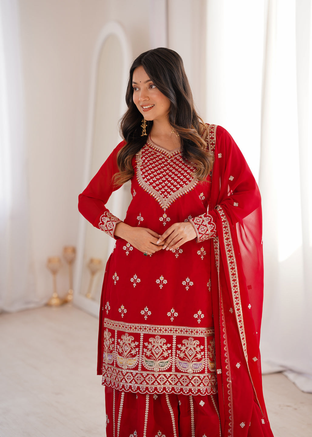 Evanik Red Faux Georgette Embroidery Dori, Sequence And Thread Work Kurta Palazzo With Dupatta | Grocsy
