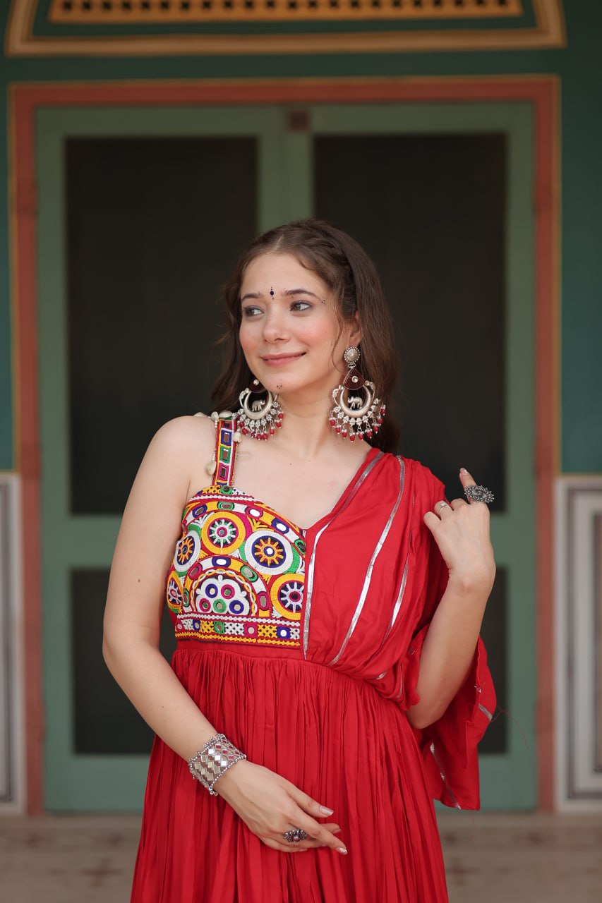 Lorenvalley Red Rayon Fabric with Designer Lace Gown | Grocsy
