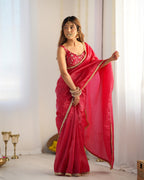 Lorenvalley Ready to wear Crush Tissue Silk Fabric Fancy Boarder Premium Lace Work Predrapped Saree - Red | Grocsy