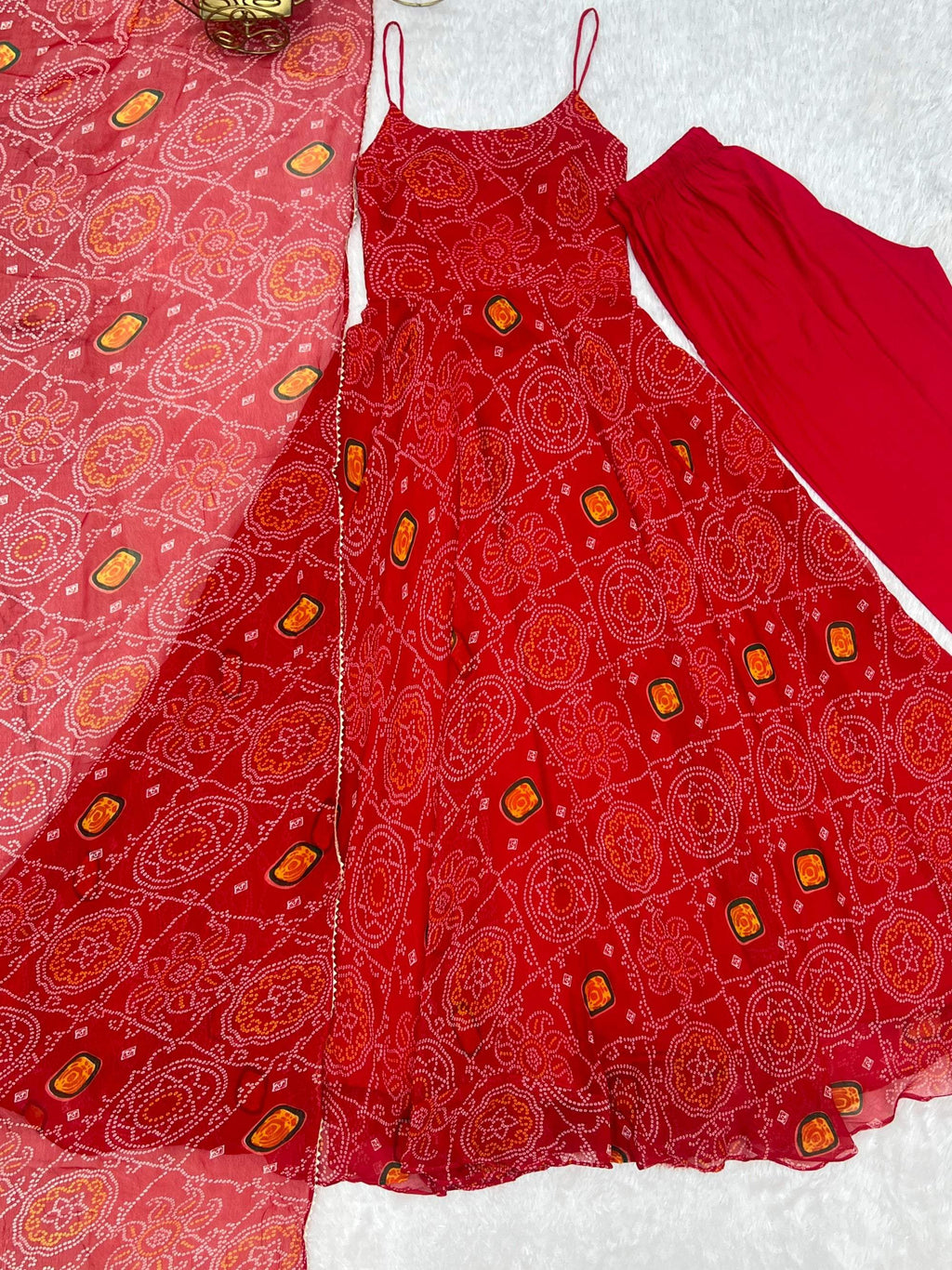 Lorenvalley Fashion Red Soft Chiffon Bandhej Fabric Print Fully Flair Anarkali With Pant Dupatta Set | Grocsy