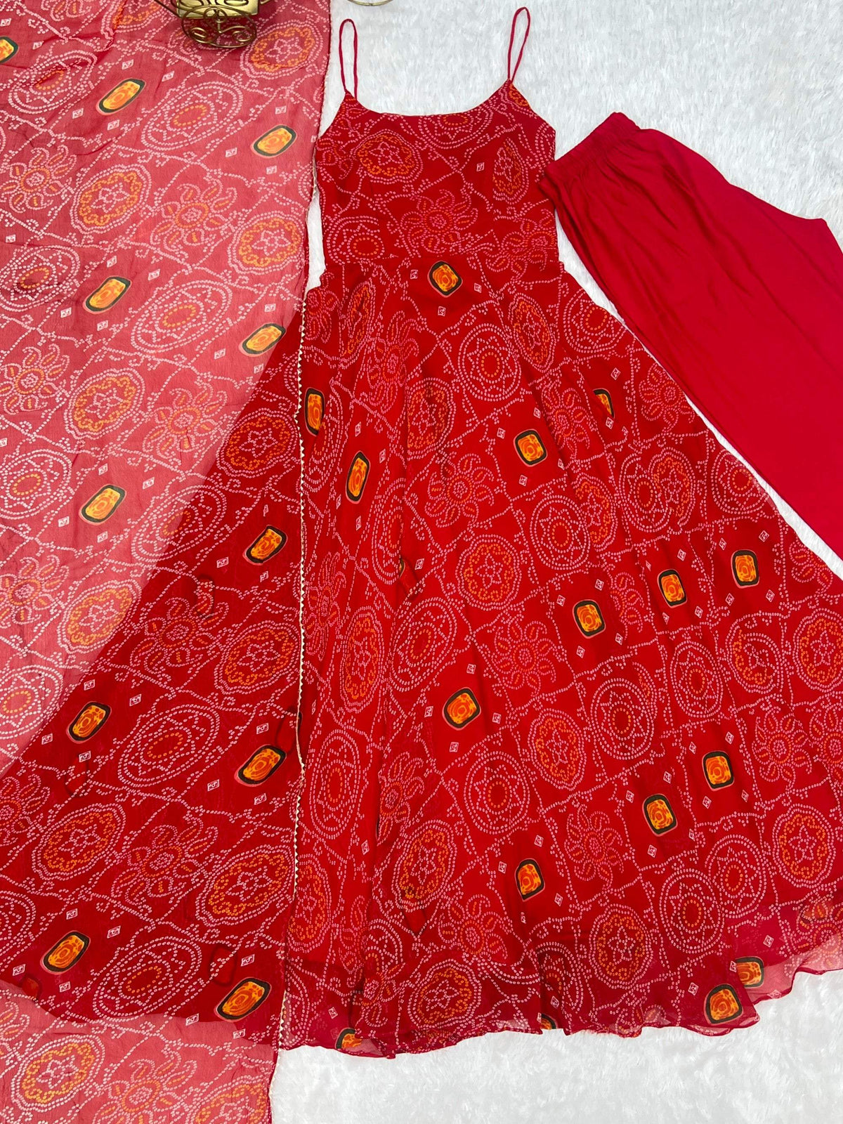 Lorenvalley Fashion Red Soft Chiffon Bandhej Fabric Print Fully Flair Anarkali With Pant Dupatta Set | Grocsy