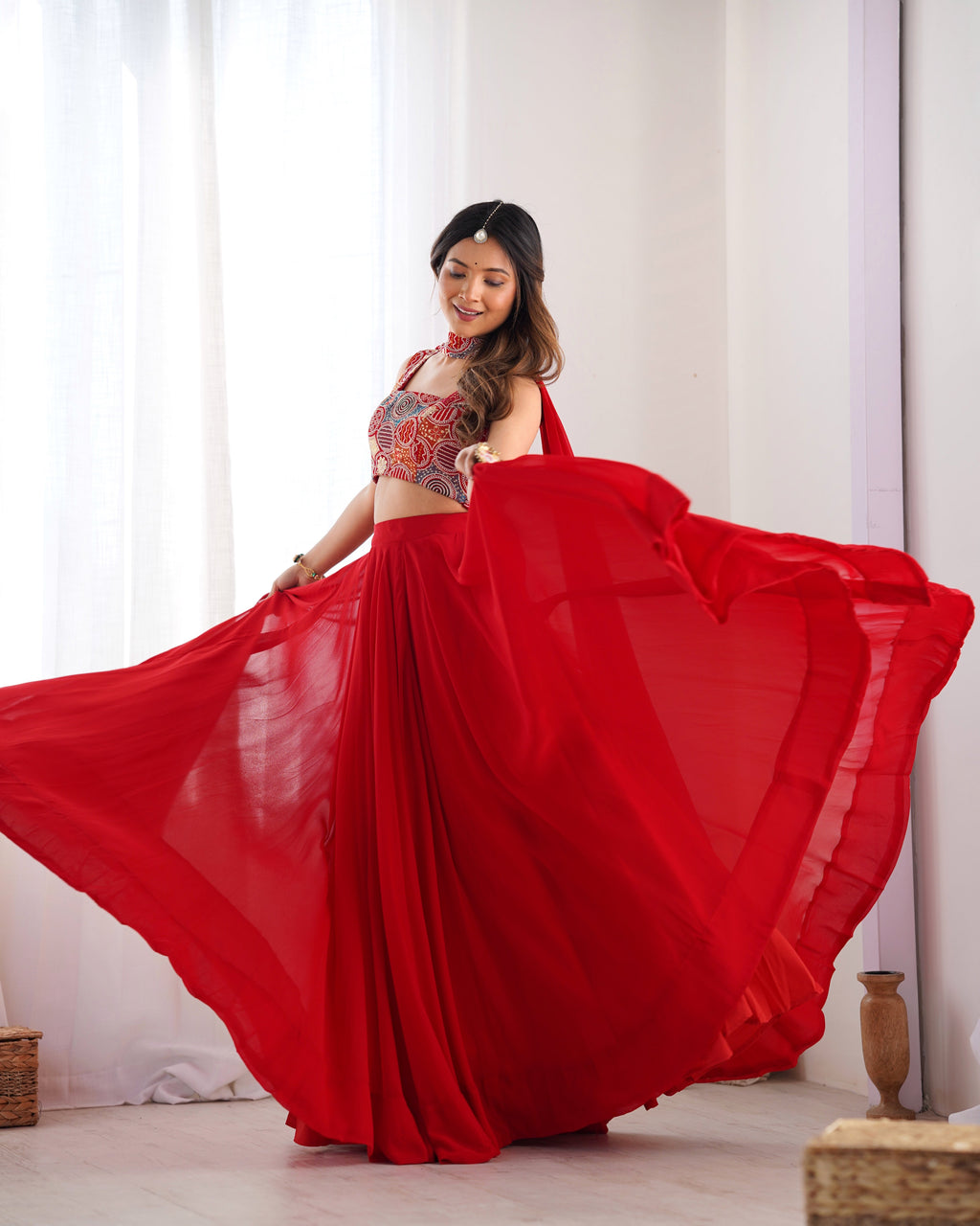 Lorenvalley Red Faux Georgette Stitched Lehenga Embroidery Blouse with Dupatta | Grocsy