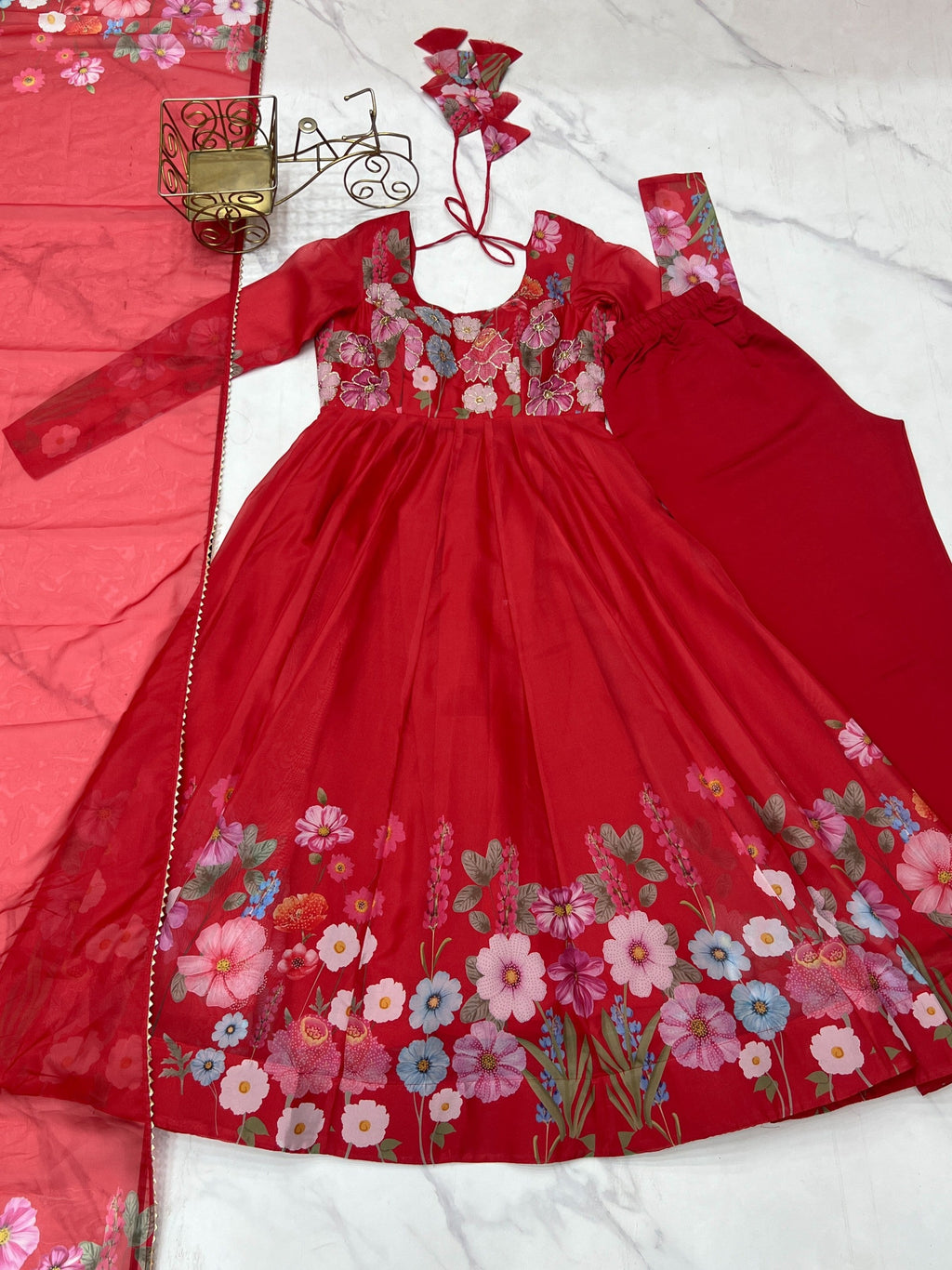 Lorenvalley Fashion Red Soft Organza Silk With Floral Print Fully Flared Anarkali Pant With Dupatta Set | Grocsy