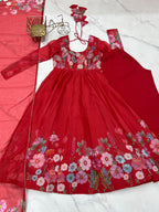 Lorenvalley Fashion Red Soft Organza Silk With Floral Print Fully Flared Anarkali Pant With Dupatta Set | Grocsy