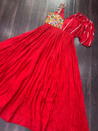 Lorenvalley Red Rayon Fabric with Designer Lace Gown | Grocsy