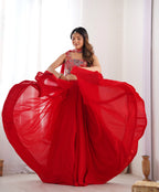 Lorenvalley Red Faux Georgette Stitched Lehenga Embroidery Blouse with Dupatta | Grocsy