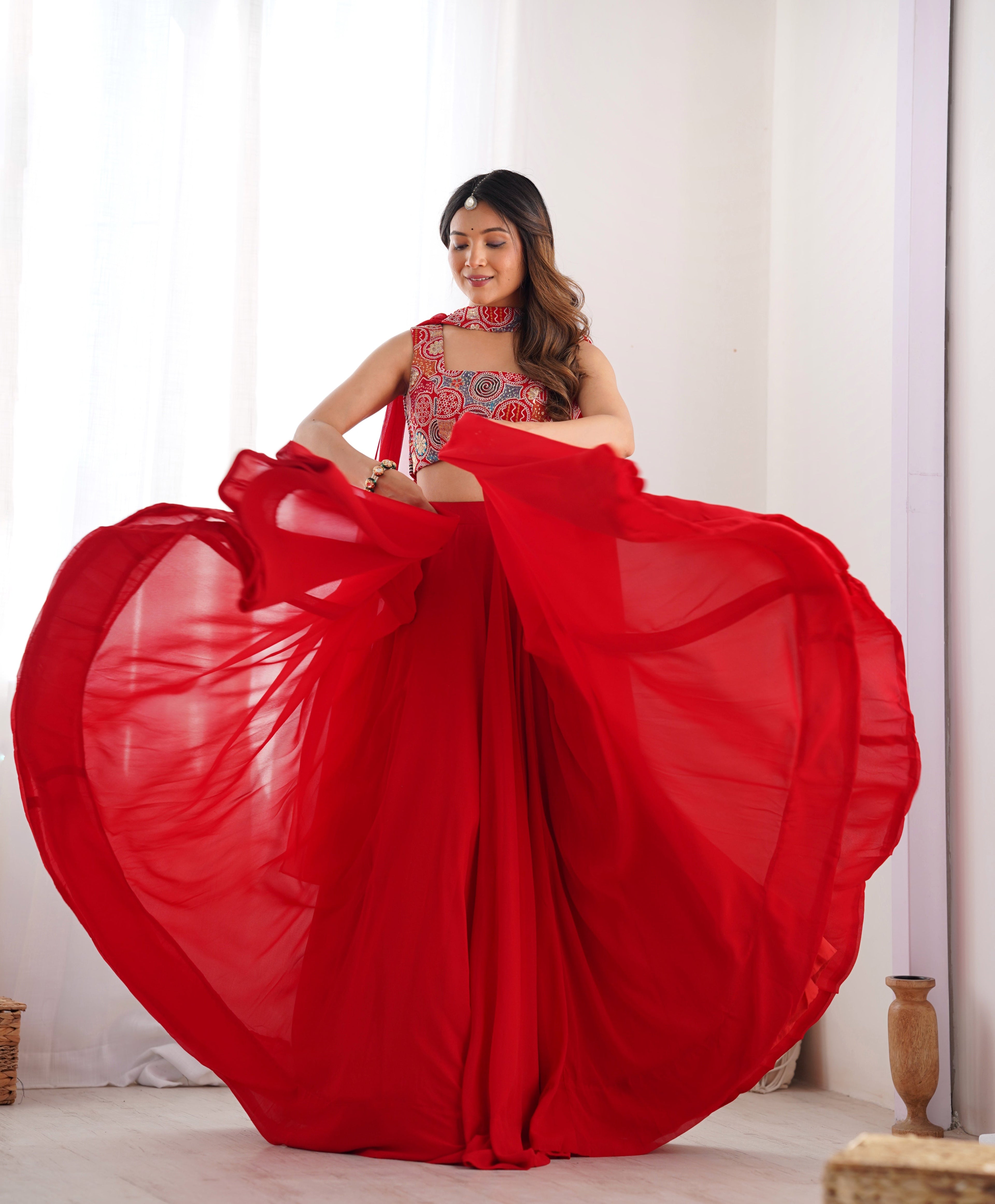 Lorenvalley Red Faux Georgette Stitched Lehenga Embroidery Blouse with Dupatta | Grocsy
