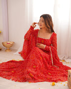 Lorenvalley Women Soft Lightweight Chiffon Bandhej Print Fabric Anarkali Kurta Pant With Dupatta Set | Grocsy