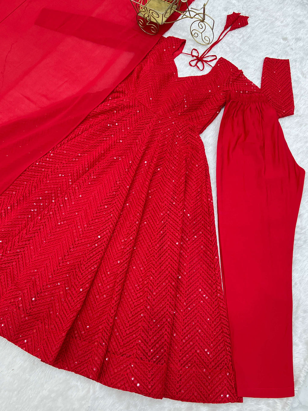 Lorenvalley Fashion Red Faux Georgette Lukhnowi Sequence Work Anarkali Kurta Pant With Dupatta Set | Grocsy